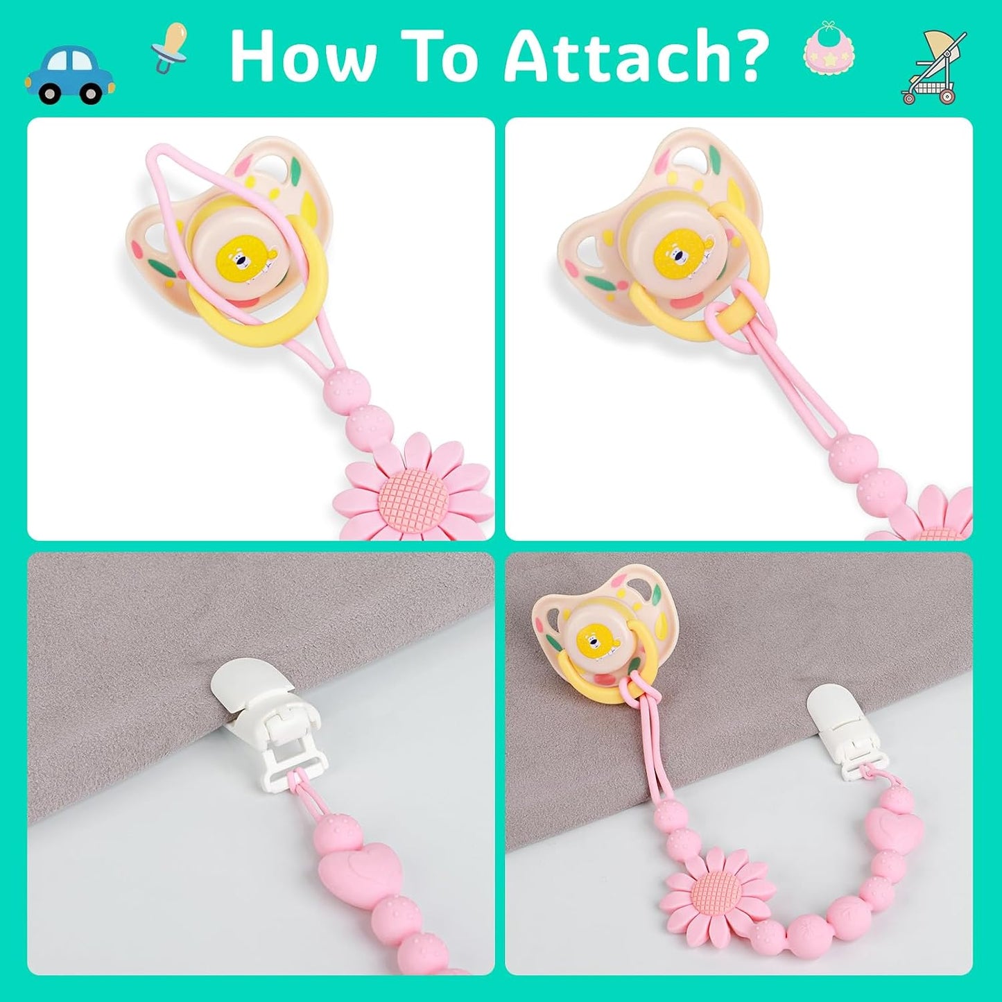 Pacifier Clip, 2 Pack Silicone Pacifier Clip with One Piece Design for Newborn Boys and Girls, Floral Patterns Pacifier Holder Clip Fits for Most Pacifier, Baby Shower and Baby Gift