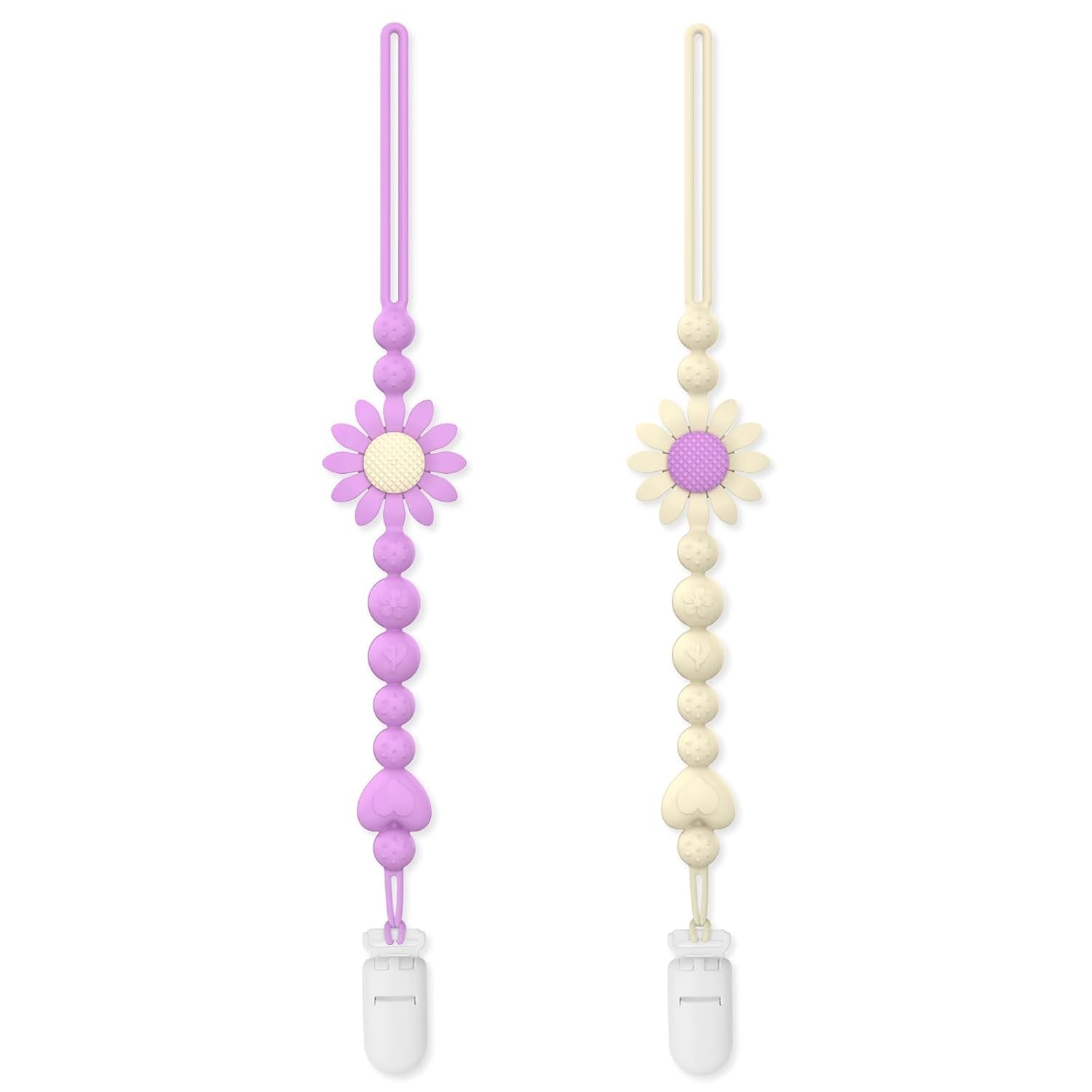 Pacifier Clip, 2 Pack Silicone Pacifier Clip with One Piece Design for Newborn Boys and Girls, Floral Patterns Pacifier Holder Clip Fits for Most Pacifier, Baby Shower and Baby Gift