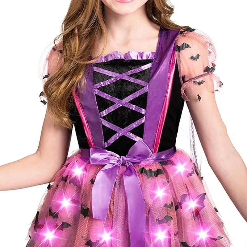 Kids Witch Costume, Girls Light up Witch Costume with Hat and Broom Outfits Set for Toddler Halloween Dress up Cosplay