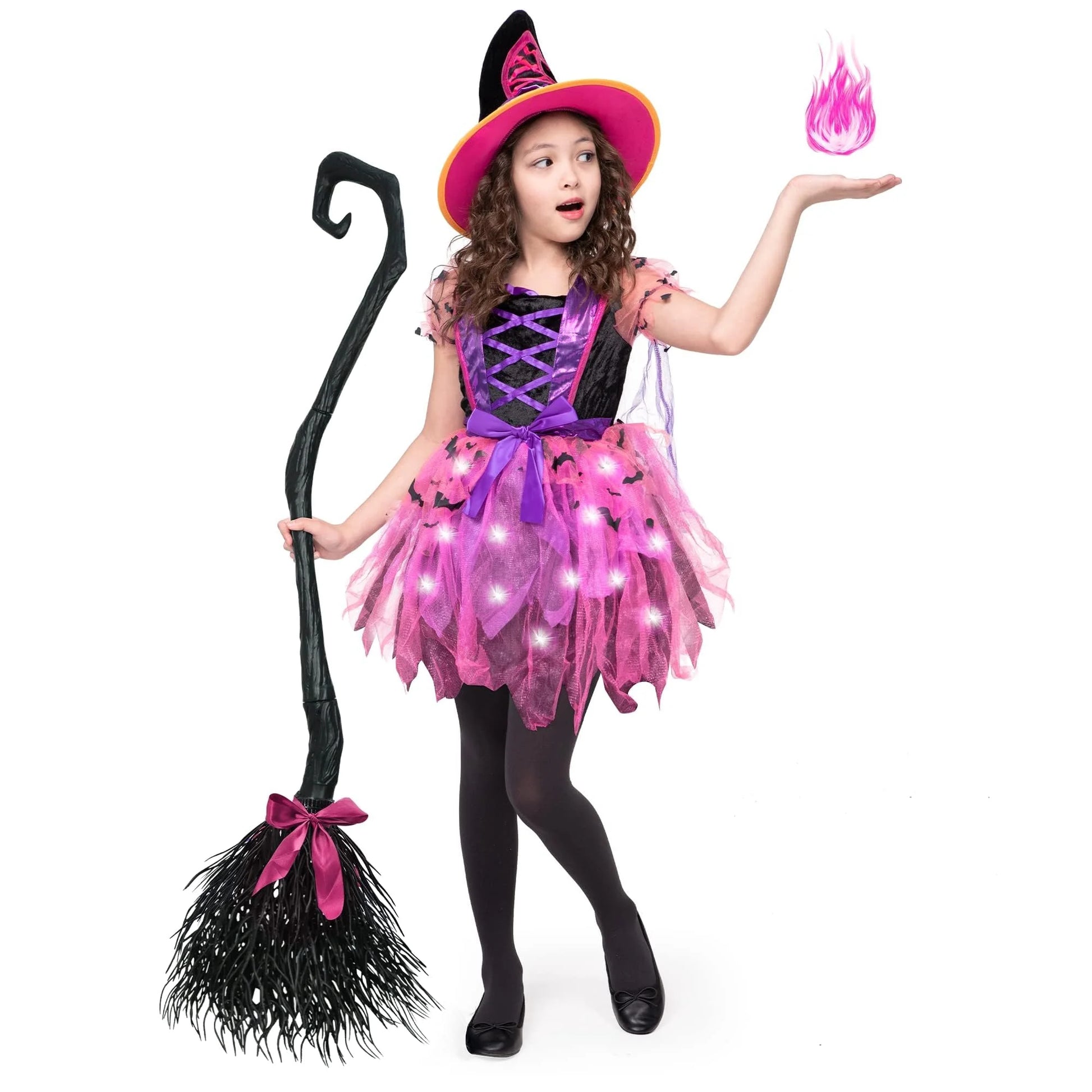 Kids Witch Costume, Girls Light up Witch Costume with Hat and Broom Outfits Set for Toddler Halloween Dress up Cosplay