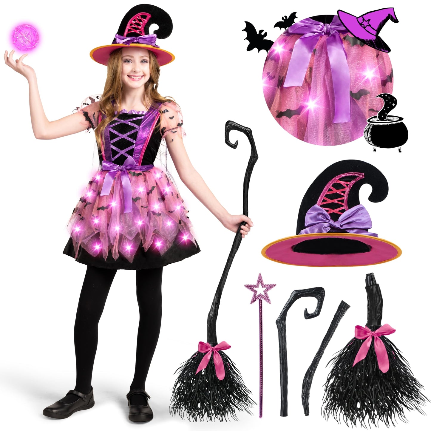 Kids Witch Costume, Girls Light up Witch Costume with Hat and Broom Outfits Set for Toddler Halloween Dress up Cosplay