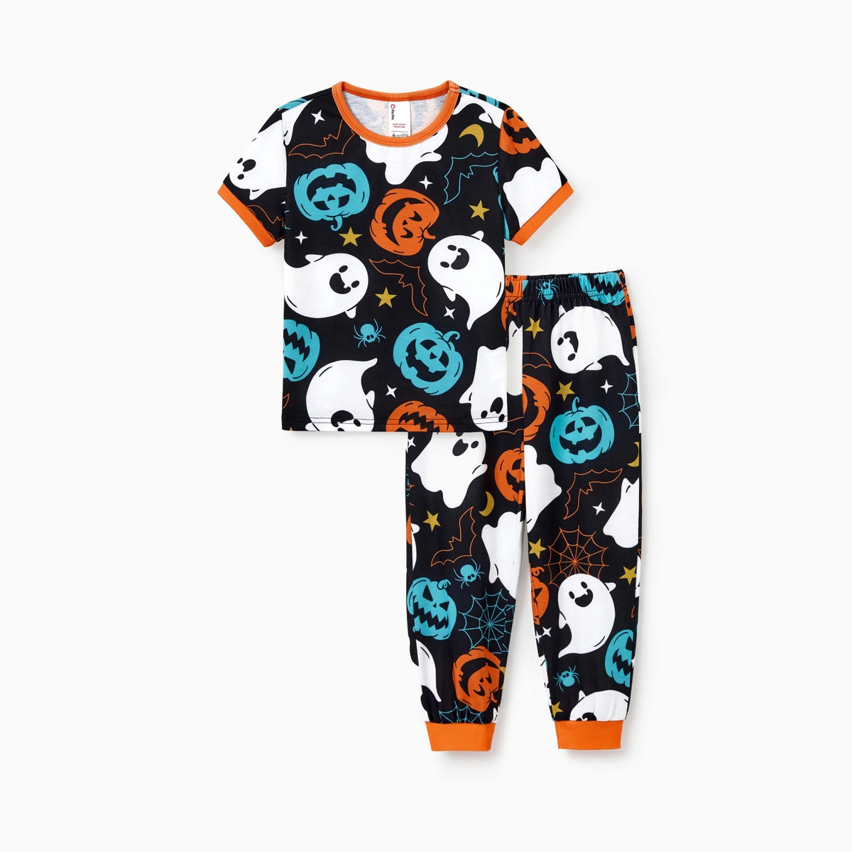 Halloween Pajamas Kids Girls Boys Family Matching Ghost and Pumpkin Allover Print Short Sleeve Top & Pants Pj Sets, Black, 6-7 Years