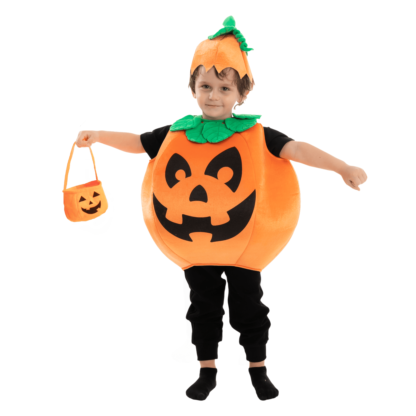 Child Pumpkin Costume with Toy Basket for Kids Toddler Halloween Dress up Pumpkin Themed Party Role Play Cosplay