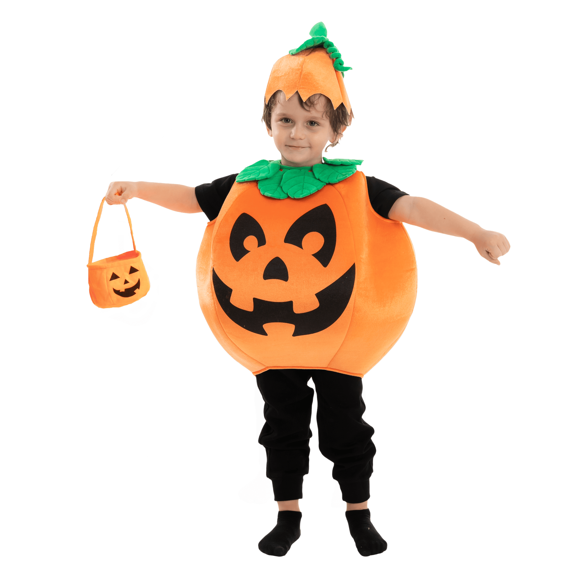 Child Pumpkin Costume with Toy Basket for Kids Toddler Halloween Dress up Pumpkin Themed Party Role Play Cosplay