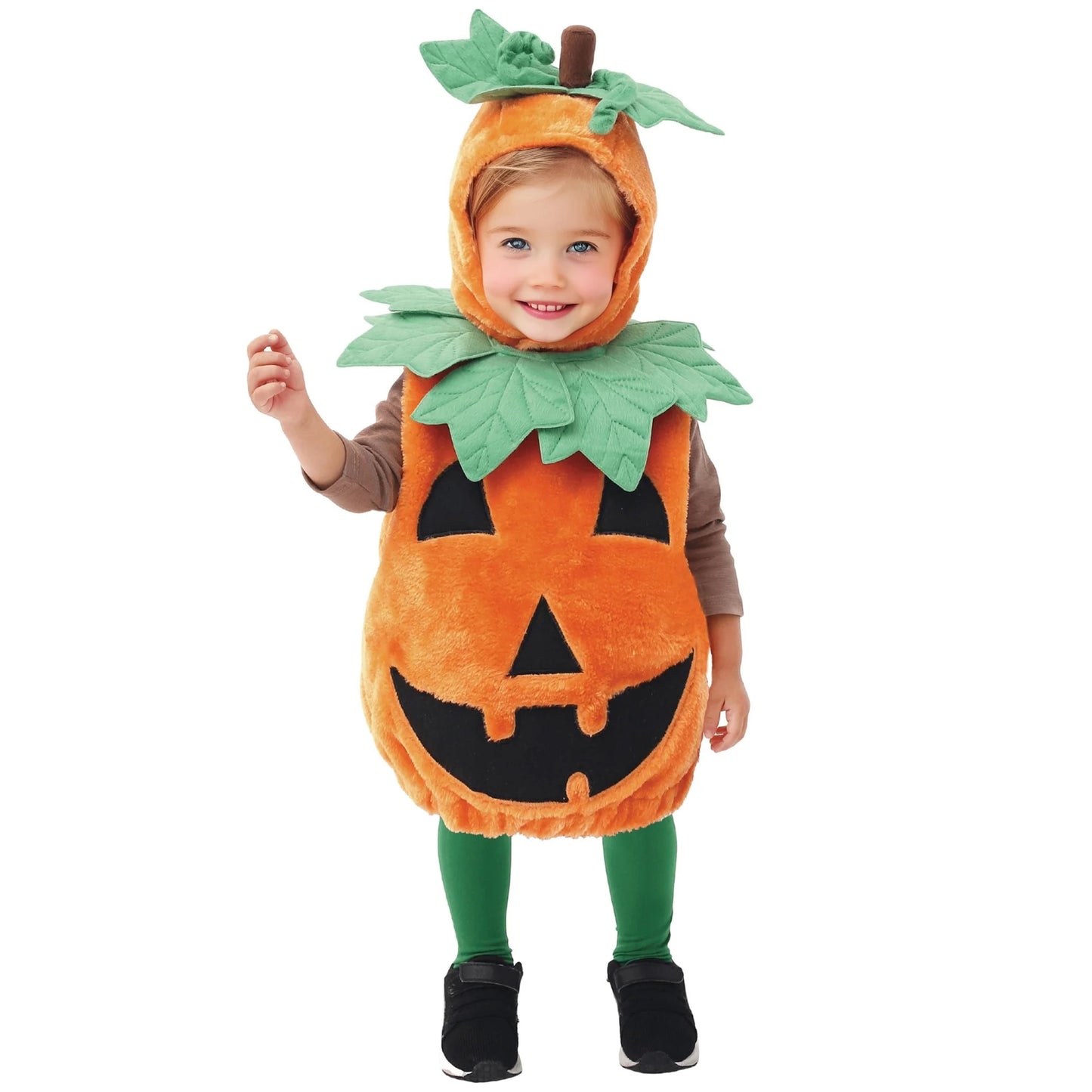 Halloween Pumpkin Costume for Infant, Pumpkin Costume with Plush Green Leaves, Halloween Party Dress up Costume 18-24 Months