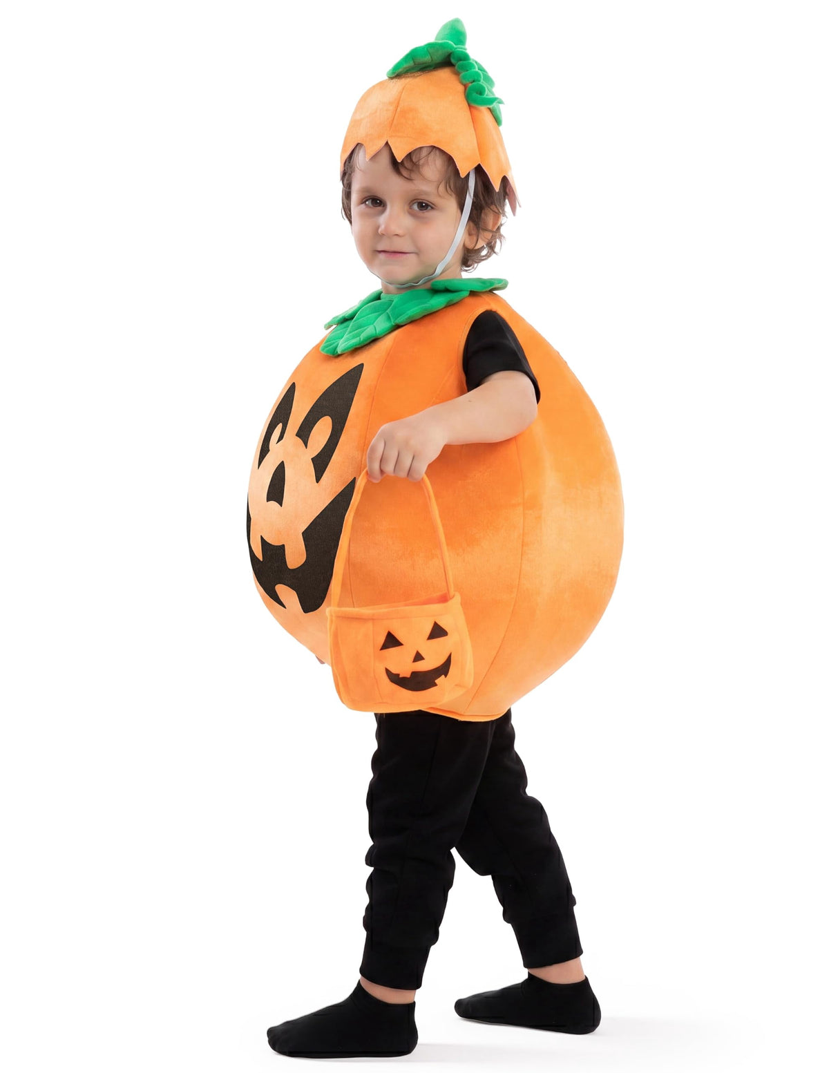 Child Pumpkin Costume with Toy Basket for Kids Toddler Halloween Dress up Pumpkin Themed Party Role Play Cosplay